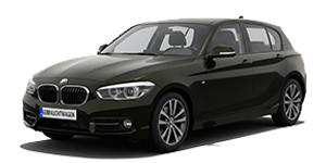 Schwarzer BMW 118d, fünftürige Kompaktlimousine, Ansicht von schräg vorne.