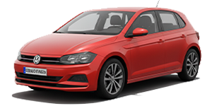 Roter VW Polo 1.0 TSI, fünftüriger Kleinwagen, Ansicht von schräg vorne.